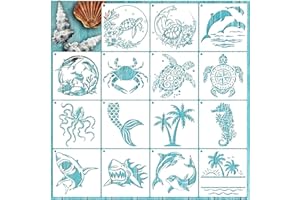 BOQON 15 Pieces Ocean Stencils Reusable Sea Turtle Seahorse Templates Dolphin Octopus Stencils Summer Tropical Beach Stencils for Painting on Wood DIY Crafts Wall (Sea Animal)