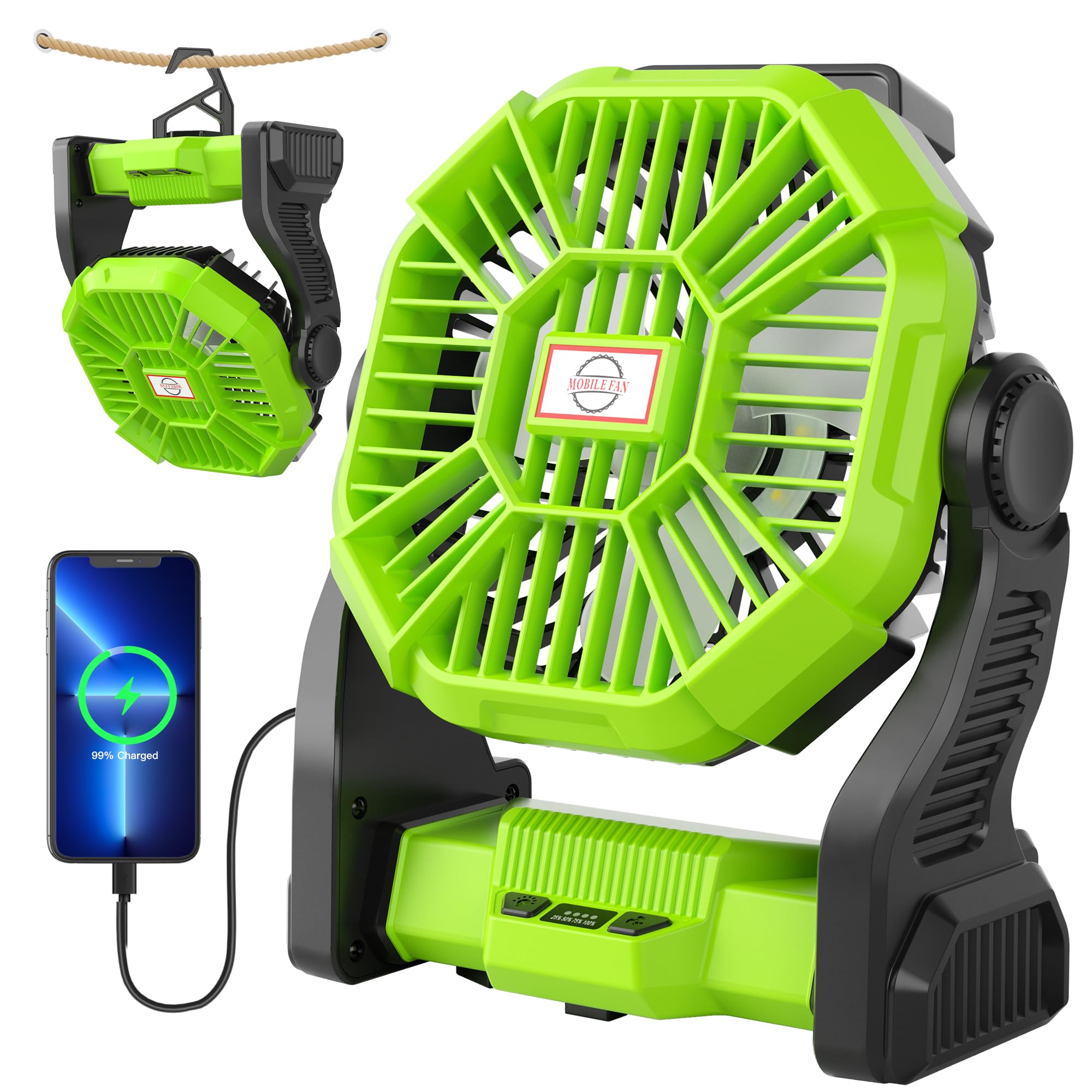 TDLOL Rechargeable Portable Camping Fan for Tent with LED Light, 270°Pivot USB Personal Battery Powered Fan Outdoor Camping Essentials Battery Operated Portable for Travel X23 Green