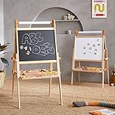 Tiny Land Foldable Wooden Art Easel for Kids, with Chalkboard &amp; Whiteboard | Folds flat for storage, Tool-free, Double-sided board, 3 heights for ages 3-12, Paper roll included. Oatmeal accents
