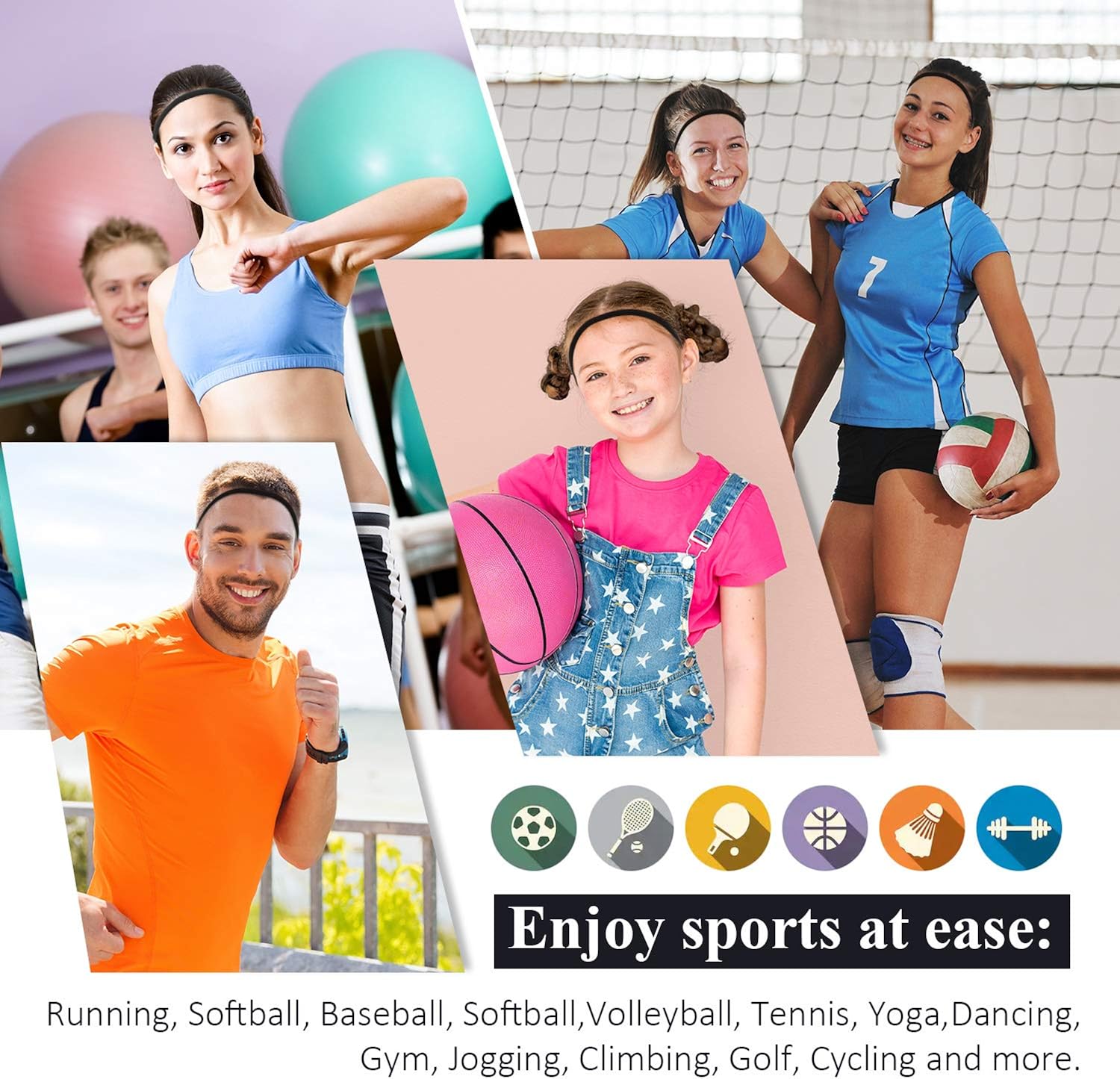 9 Pieces Thick Non-Slip Elastic Sport Headbands, Elastic Silicone Grip Exercise Hair and Sweatbands for Yoga(Black, White, Gray) : Sports & Outdoors