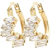 0.82" Inch Beautiful Baguette Style Asymmetrical Cubic Zirconia CZ Huggie Hoop Earrings, 18k Gold Filled Plated (White)