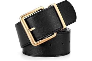 LEACOOLKEY Women Wide Leather Belt for Dresses Thick Chunky Belt with Big Gold Buckle Fashion Ladies Belt for Jeans