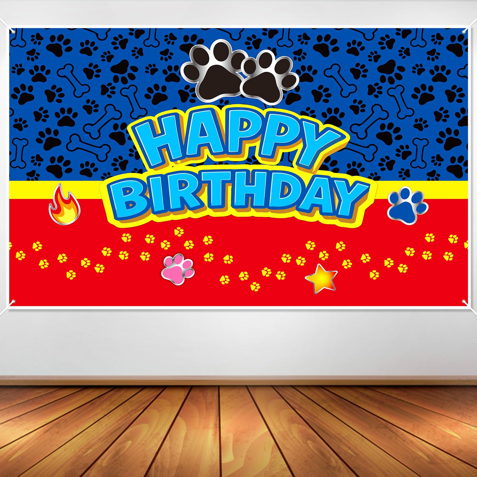 Photo 1 of Dog Paw Birthday Backdrop, 59.1x39.4in Cartoon Dog Themed Backdrop for Boys Girls Party Decorations Baby Shower Photo Banner Props