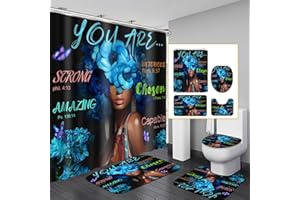 Omebero Black African Flower Woman Shower Curtain Set, Blue Art Words Bathroom Set with Shower Curtain and Rugs, Toilet Lid Cover, Bath Mat,Waterproof Fabric Shower Curtains and Hooks for Bathroom