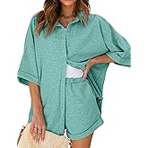 Ekouaer Waffle Knit Lounge Sets for Women Short Sleeve Pajamas Button Down Pjs Oversized Loungewear Shorts Set