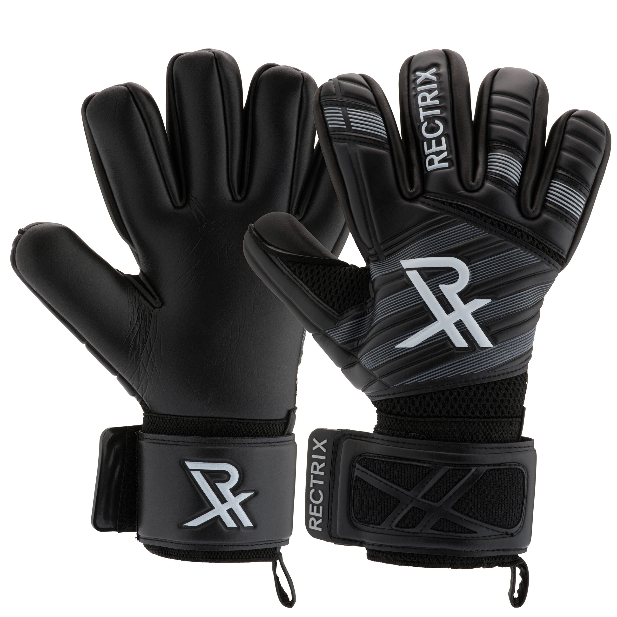 Rectrix 1.0 Goalkeeper Gloves (With Free Zip Case) - Negative Cut - Youth & Adult Sizes - Pro-Level Grip For Football Soccer Goalkeeping (5, Black)