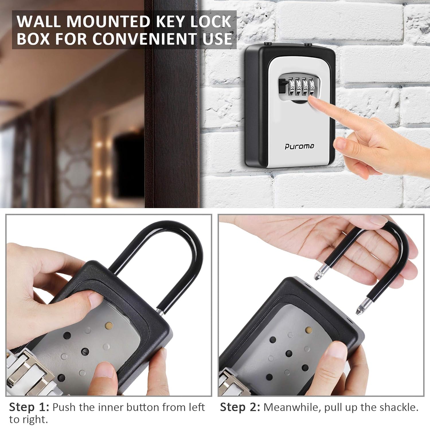 Puroma Key Lock Box Waterproof Combination Lockbox Portable Resettable Wall Mounted & Hanging Key Safe Lock Box for House Keys, Realtors, Garage Spare, Black & Gray - - 