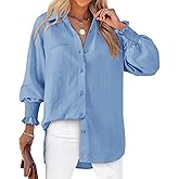 Bellcoco Womens Striped Button Down Shirts Smocked Puff Sleeve Boyfriend Blouse Collar Oversized Work Tops with Pocket