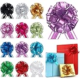 12 pcs Gift Bow Ribbon Shiny Pull Bows for Gift Baskets Warpping Christmas Party Bright Mix Colors Organza Warp Bows Boxes Flower Decorations Valentine's Day(12Pcs-Mix Colors-G)