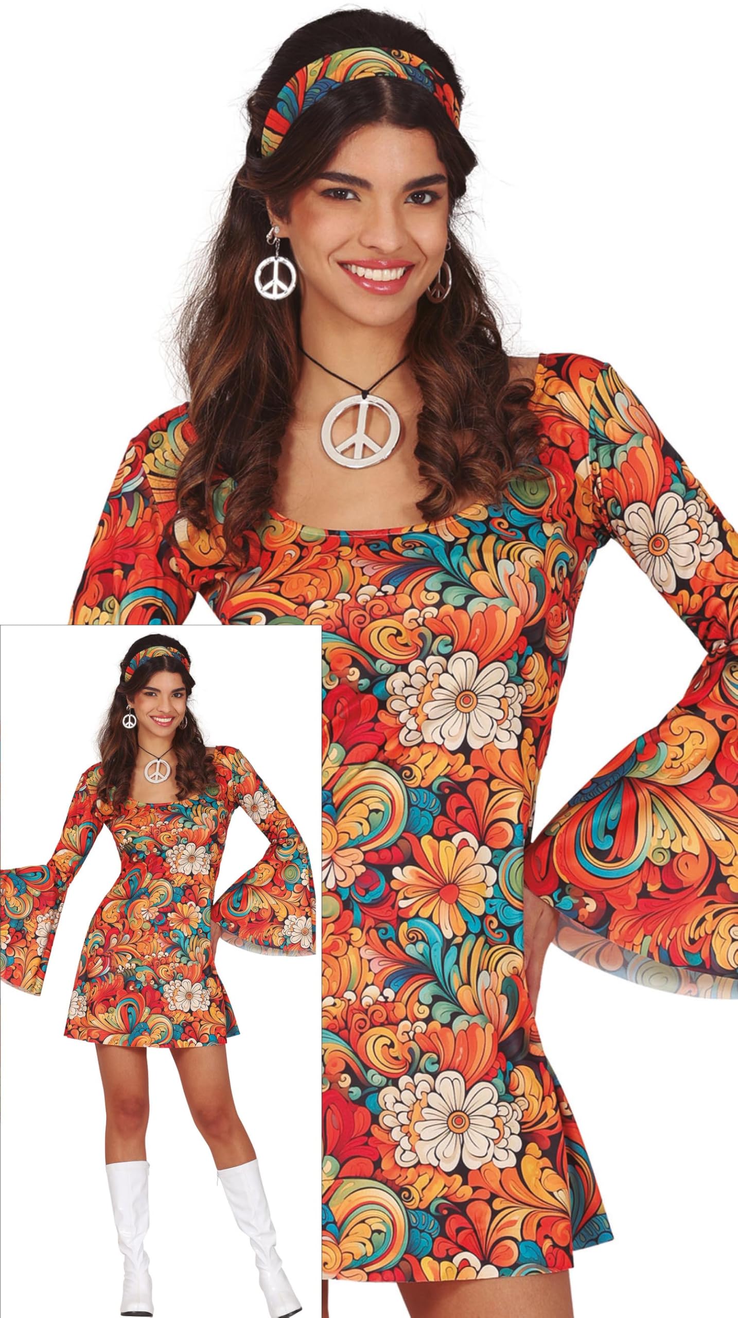 FIESTAS GUIRCA Flower Power Fancy Dress Women - 70s Short Hippie Dress Outfit with Flower Pattern & Hippie Headband - 60s Disco Fancy Dress Costumes for Women Size L