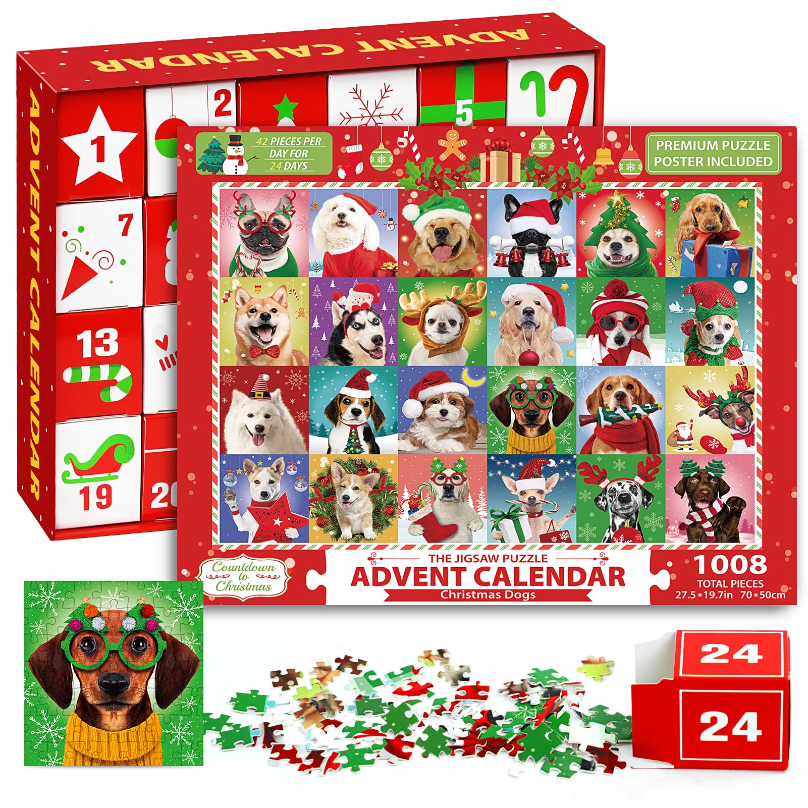 Photo 1 of Puzzle Advent Calendar 2024 Adult Kids, 1008 Pcs Dog Jigsaw Puzzle Christmas Advent Calendar 2024 Holiday Puzzle Games Advent Calendar for Adult Women Men Teen Boy Girl 24 Days Countdown to Christmas