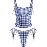 ZAFUL Women's Gingham Ruched Bowknot Decor Cinched Back Tankini Set Tummy Control 2 Piece Bikini Swimsuits