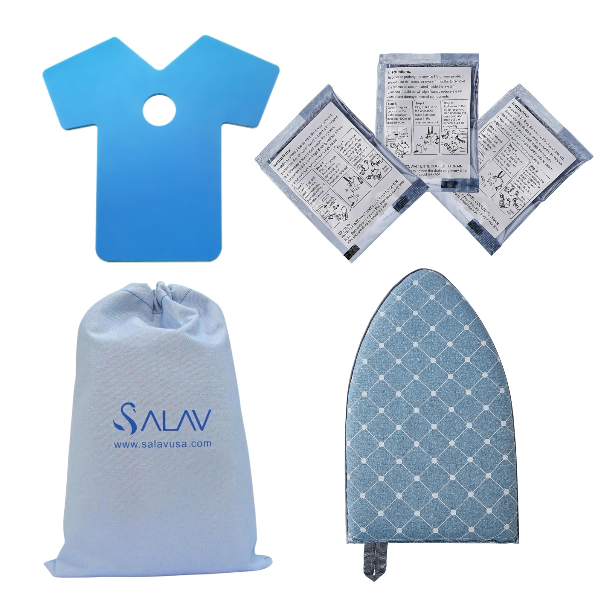SALAV® Heavy Duty Commercial Garment Steamer Accessories Set – Includes Mini Ironing Board, Steam Mitt, 3-Piece Descaler Packets, and Storage Bag – Ideal for Professional & Home Use