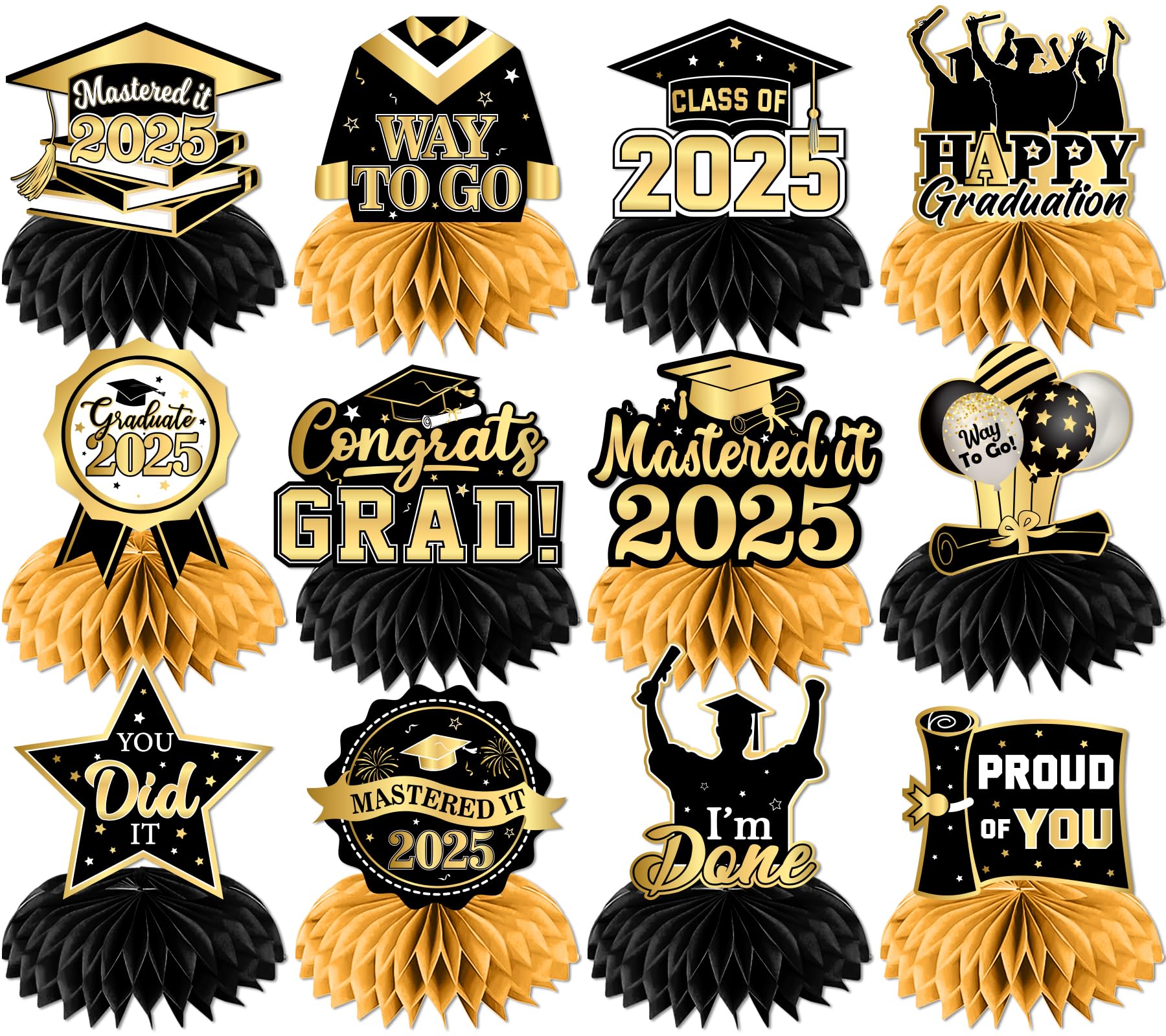 Photo 1 of Black and Gold Masters Graduation Decorations Honeycomb Centerpieces, 12Pcs Mastered It 2025 Graduation Centerpieces for Tables, Congrats Grad Table Toppers for Graduation Table Decorations