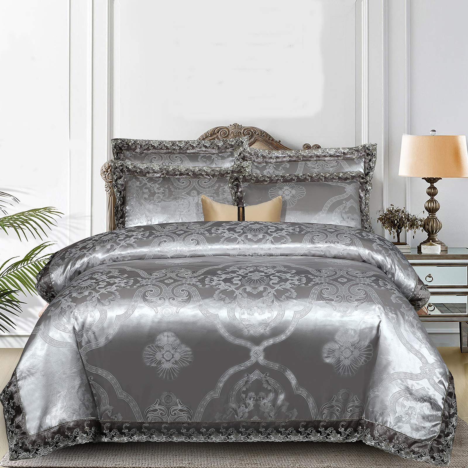 Beyeutao Elegant European Lace Duvet Cover Paisley Damask Design Grey Fabric Jacquard Weave Duvet Cover Set 3 Piece Double Quilt Cover Bedding Set. (Grey, Double)