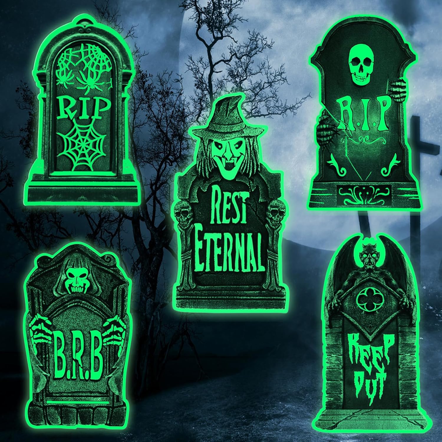 Yard Signs - Halloween Tombstone Yard Signs Decorations, RIP Graveyard Headstone Decor for Halloween Party, Gravestone Props with Stakes for Outdoor and Indoor Yard Lawn Decorations 5 pack(Green)