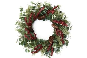 CLYCALOOR 20 inch Eucalyptus Wreath for Front Door with Pine Cones Red Berries Pine Needles for Indoor Outdoor Farmhouse Home Wall Window Festival Wedding Decor