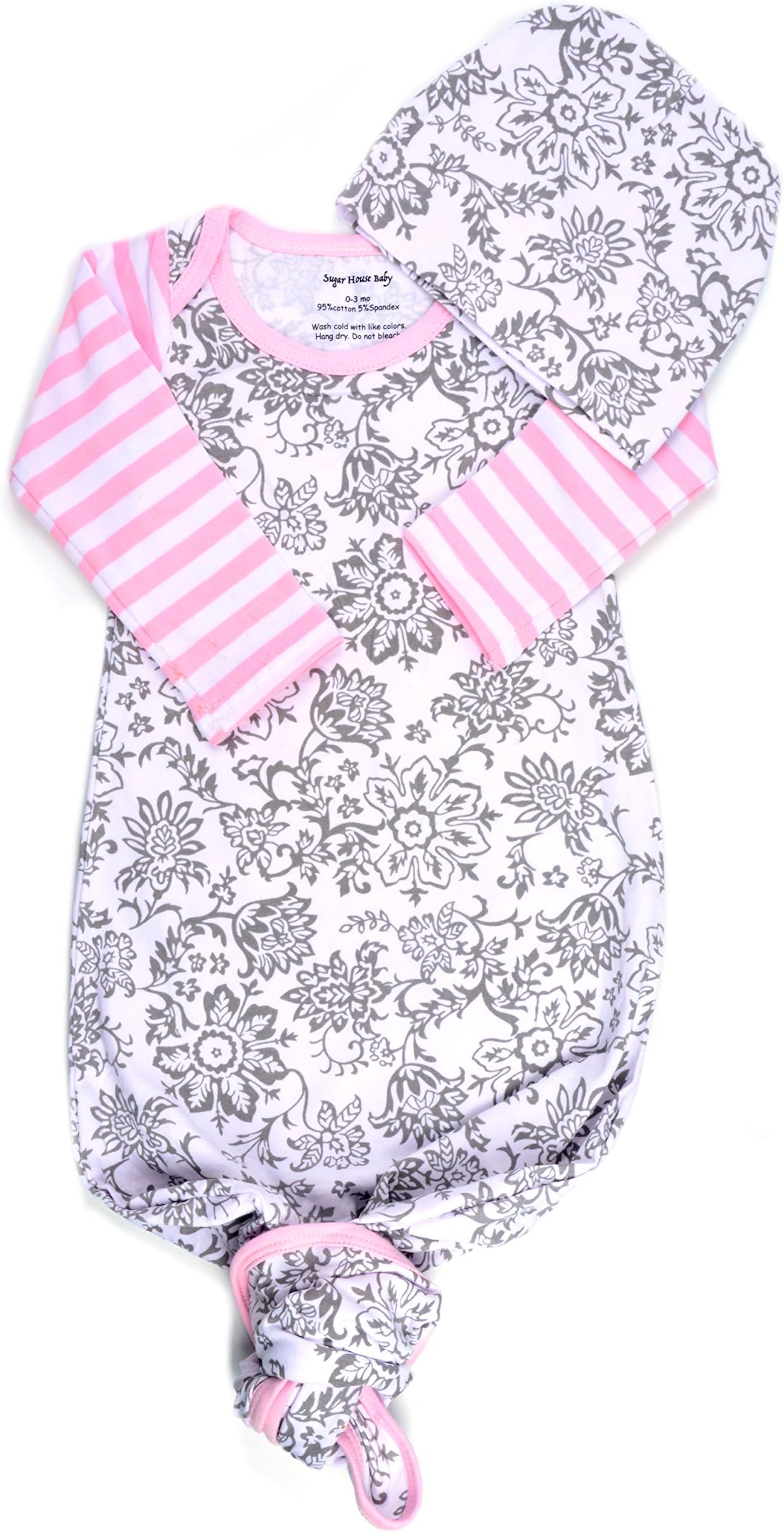 Infant Baby Tie Nightgown and Matching Hat | Sleep Gown With A Tie Bottom | Boy Girl Unisex | Soft Stretchy Cotton