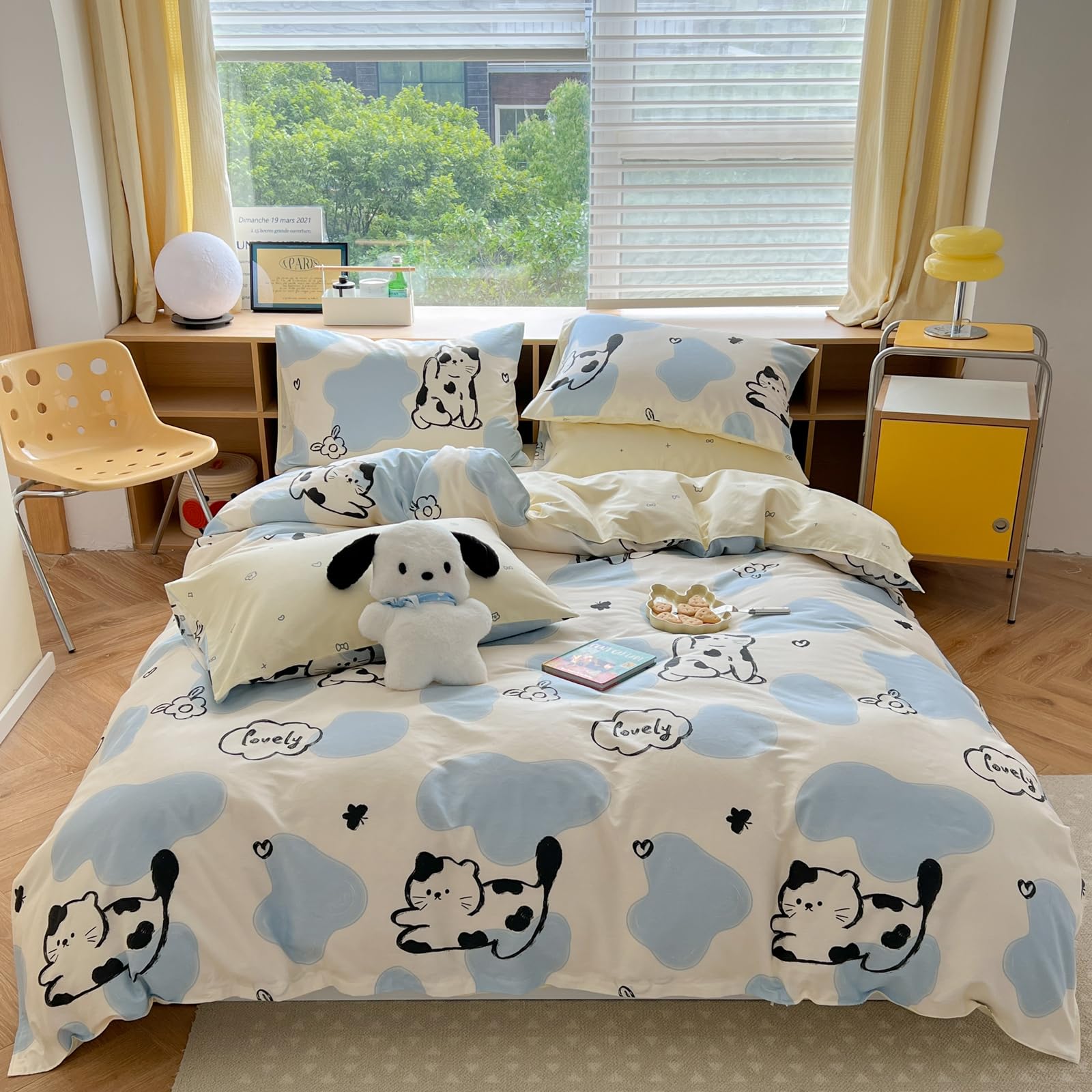 Photo 1 of (INCOMPLETE SET) LIWHENHAO Cat Duvet Cover Set Queen 100% Cotton Bedding Cartoon Black and White Cats Print on White