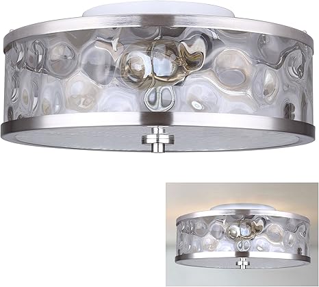 Flush Mount 3 Light Ceiling Fixture Watermark Glass Drum Brushed
