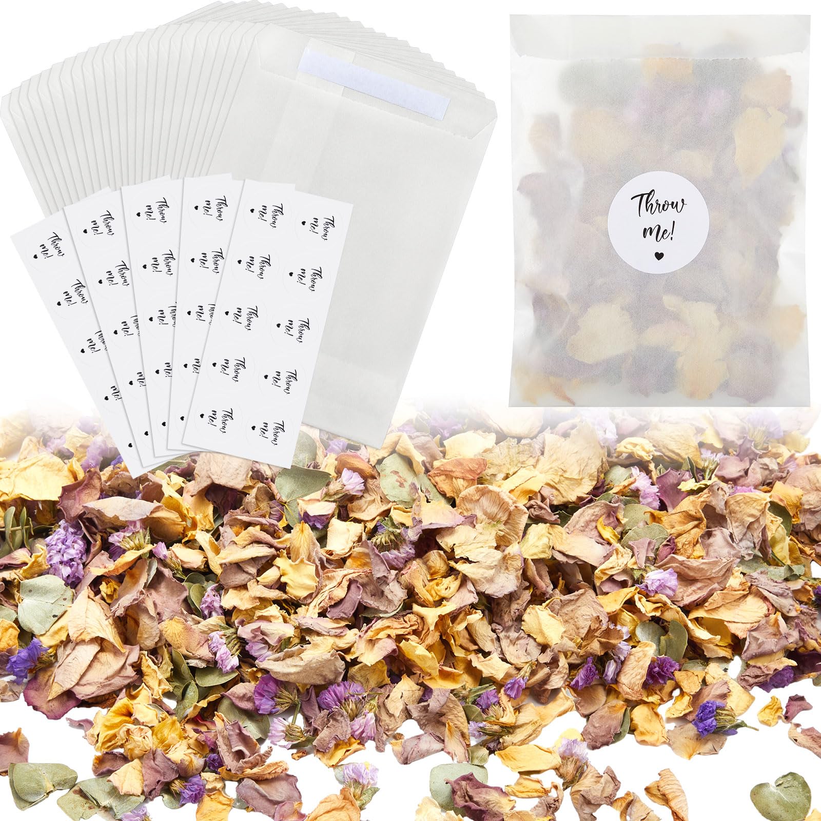 Tenare 50 Sets 3.5 x 4.7 Inch Wedding Confetti Bags Kit Includes Biodegradable Natural Dried Flower Confetti Dried Rose Petals Glassine Paper Bags Stickers for Wedding Anniversary(Cute)