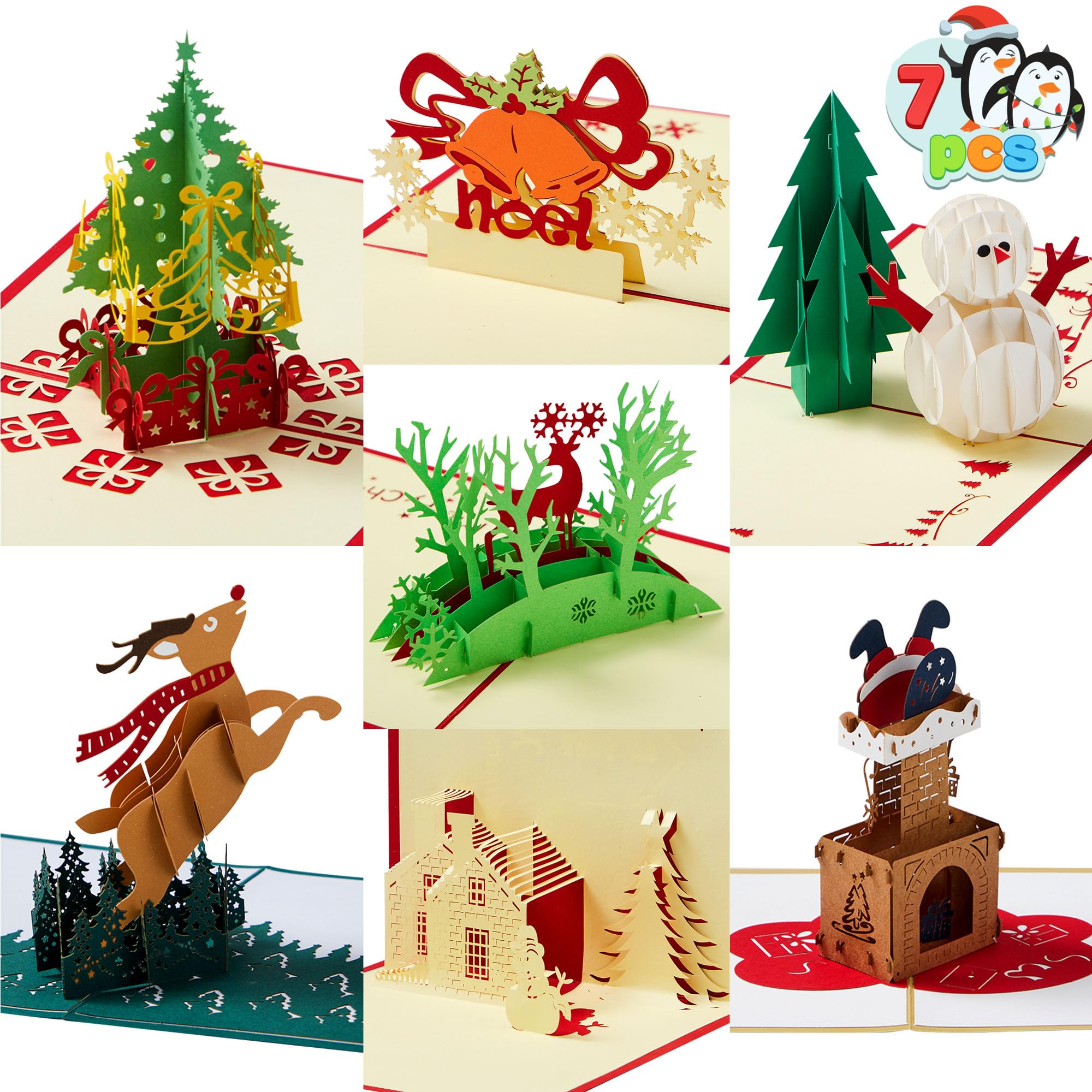 JOYIN Pack of 7 Pop-up 3D Christmas Greeting Cards Unique Designs & Envelopes 6" x 6" for Winter Christmas Season, Holiday Cards, Gifts Cards