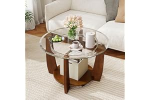 GOFLAME Glass Coffee Table with Storage, 32” Rolling Round Center Table with Tempered Glass Top, Solid Rubber Wood Legs, Whee