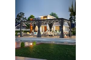 YOLENY 10 x 20 FT Louvered Pergola, Patio Hardtop Pergolas with Adjustable Aluminum Rainproof Roof, Sun Shade Shelter with Netting and Curtains for Lawns, Beach, Deck, Patio, Garden, Black