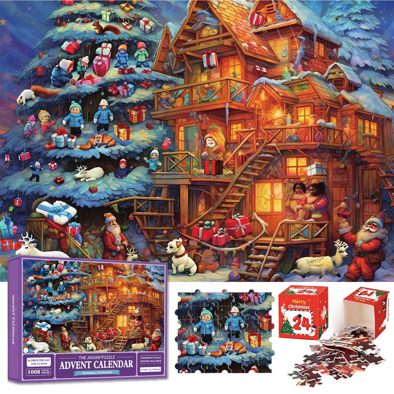POPOYU Christmas Advent Calendar 2025 Jigsaw Puzzles Kids,27x19inch Xmas Advent Calendar Puzzles 1008 Pieces 24 Days Divided into 24 Boxes,Christmas Puzzles Countdown calendar for Adults Kids Gifts