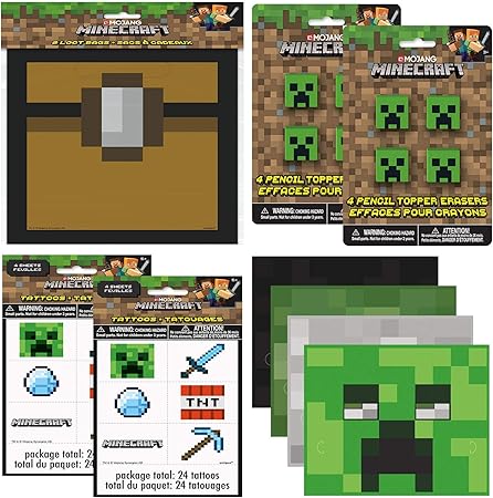Amazon Bashbox Unique Industries Mojang Minecraft マイニング 誕生日パーティー用品 ギフトパック 子供用マスク付き おやつバッグ タトゥー 鉛筆トッパー消しゴム 8人用 パーティーグッズ おもちゃ