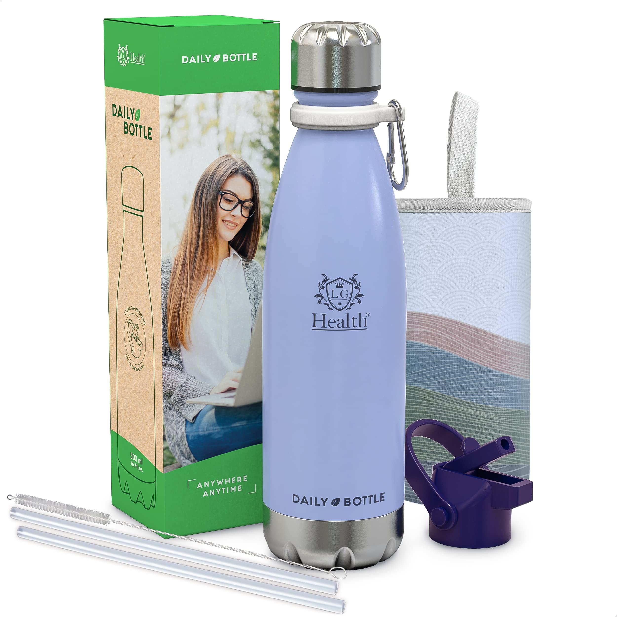 LG Luxury & Grace Insulated Stainless Steel Water Bottle 500ml Insulated Bottle for Hot and Cold Beverages Double Wall Water Bottle BPA Free Neoprene Case + Carabiner