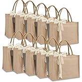 10pcs Burlap Tote Bag Set with Handles, Waterproof Reusable Blank Water Resistant Grocery Bags with Ribbon Large Jute Tote 15.4*6*12 In for Women Bridesmaid Gift Christmas Shopping Wedding Travel DIY