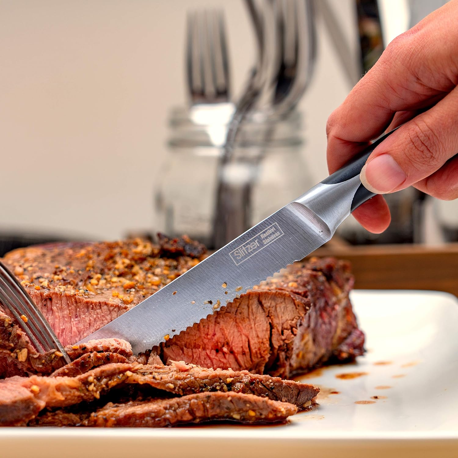 Maxam Slitzer Germany 4-Piece Steak Knife Set - 9 1/8 Inch Stainless Steel Serrated Blade, Full Tang Handle with ABS Overlay - Premium Cutlery, Sharp Slicing Edge for Thick Meat: Kitchen & Dining
