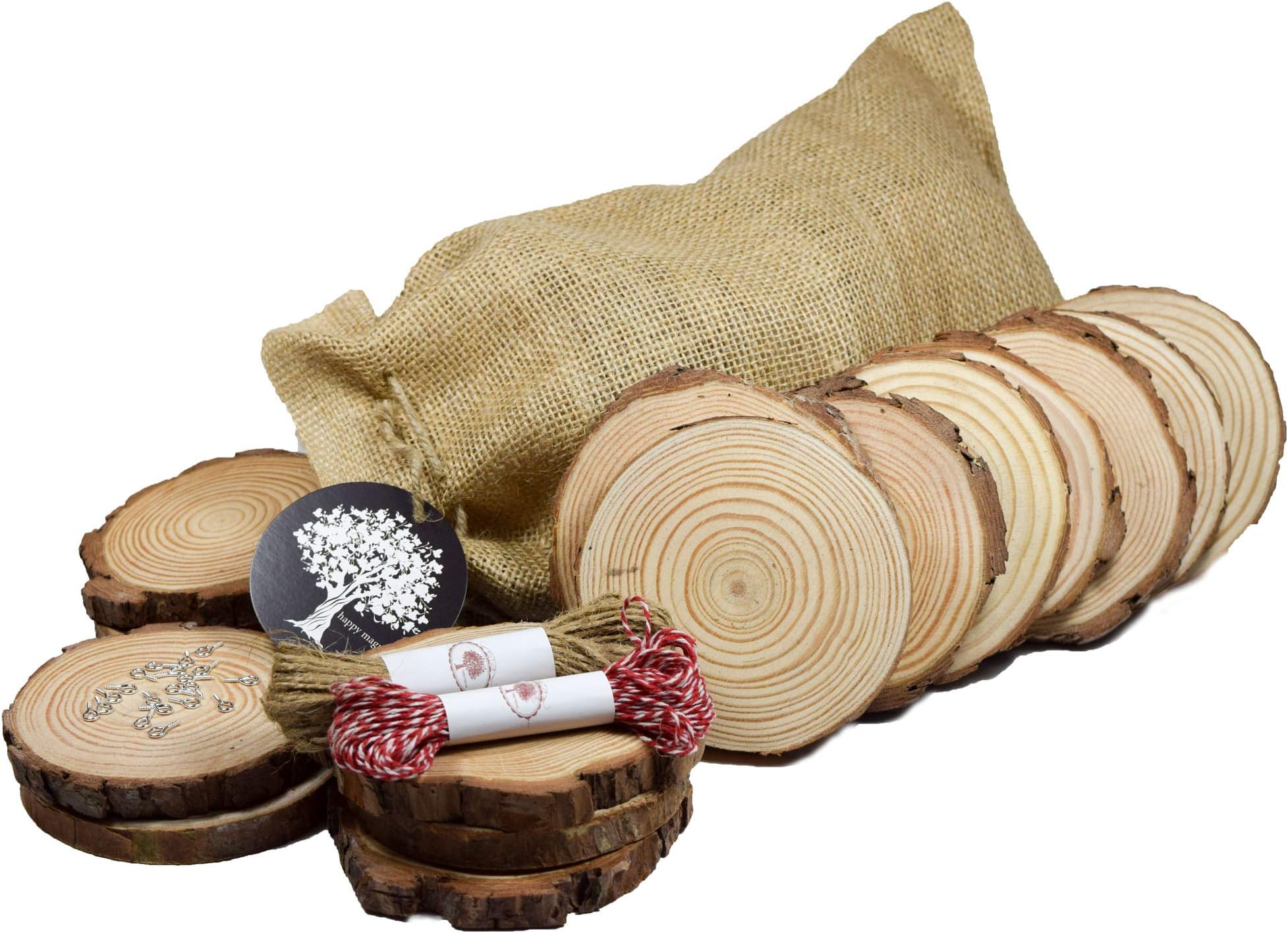 Happy Magnolia 20pcs 3”-3.5" Natural Unfinished Wood Slices Round Tree Bark Wooden Discs for DIY Craft Ornaments, Wedding, Decor, Props, Woodburning, Painting