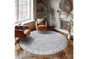 jinchan Round Rug 4ft Area Rug - Indoor Vintage Hallway Circle Rug 4' Round - Washable Thin Rug Floral Print Non Slip with Rubber Backing for Living Room Dining Room Bedroom Entryway Grey