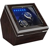High End Watch Winder for Automatic Watches with Super Quiet Motor, Blue LED Light &amp; Rotation Mode Setting, Watch Winder for Rolex with Flexible Pillow, Dual Power