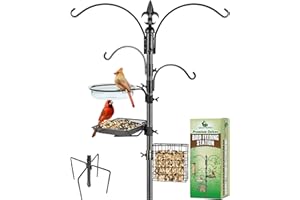 Gray Bunny 91” Bird Feeder Pole, Bird Feeder Stand Set with 7 Accessory Attachments with Multiple Shepherds Hook for Feeders for Outside, Sturdy 5-Prong Base, Stainless Steel Hanger
