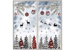 MEHOFOND Winter Christmas Window Cling Sticker 8 Sheet, Black Red Plaid Christmas Tree Snow for Xmas Holidays Home Party Supplies Shop Window Glass Display Decoration