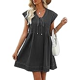 POTILI Denim Dress for Women,V Neck Jean Dresses Short Sleeves Denim Romper Dress with Pockets
