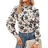 Qirno Womens Mock Neck Puff Long Sleeve Tops Casual Loose Solid Basic T Shirt Button Cuffs Pullovers Shirts Blouse
