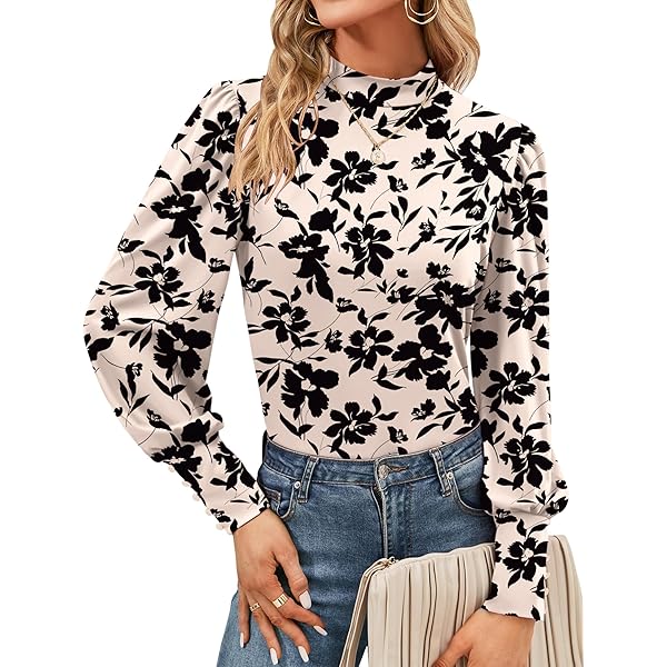 Chvity Womens Retro Floral Sweater Turtleneck Tops Long