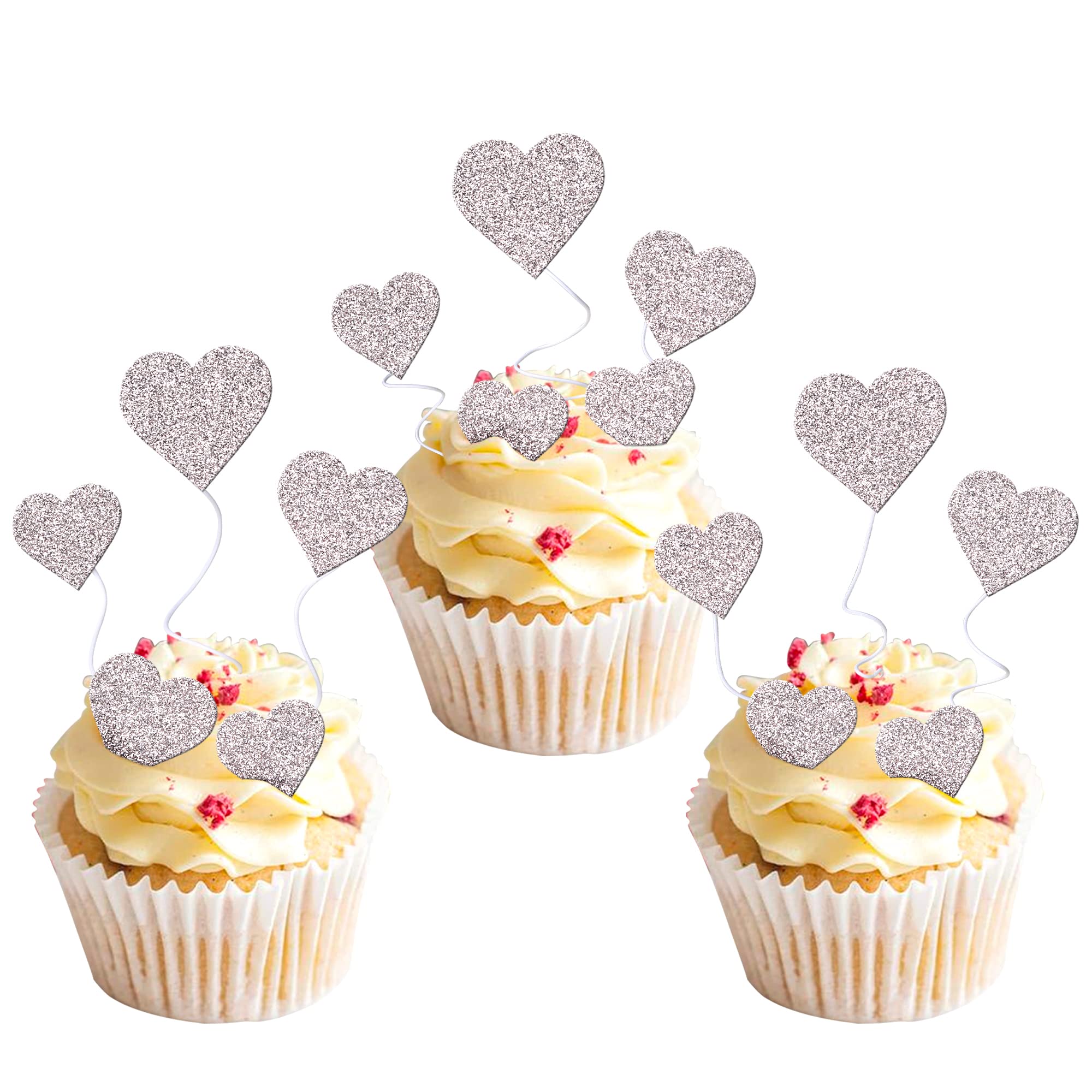 Xsstarmi 40 Pack Love Heart Cupcake Toppers Glitter Valentine Heart Cupcake Picks Wedding Engagement Cake Decorations for Valentine's Day Theme Bridal Shower Party Supplies Silver