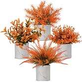 Rivvlive 4 Pack Small Fall Plants Fake Eucalyptus Potted Decor, Orange | Fall Bathroom Table Decor, Artificial Faux Autumn Plants in Pulp Pots, Harvest for Home Farmhouse Shelf Desk Bedroom Office