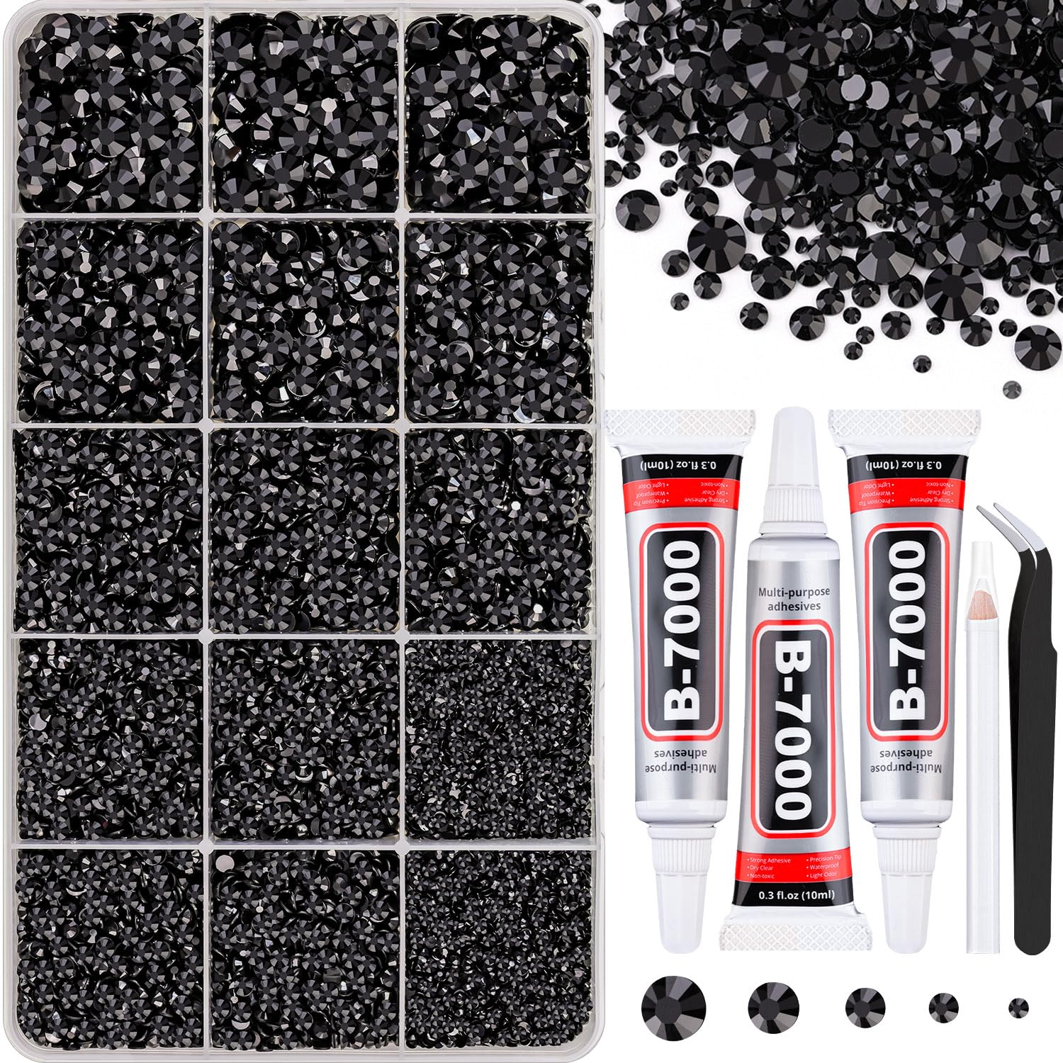 Photo 1 of 16000Pcs Resin Jelly Rhinestones for Crafting, Black Rhinestones Flatback Gems, Bedazzling Crystal with 3Pcs 10ml B7000 Jewelry Glue for DIY Crafts Clothing Tumblers Shoes Fabric Nail Art