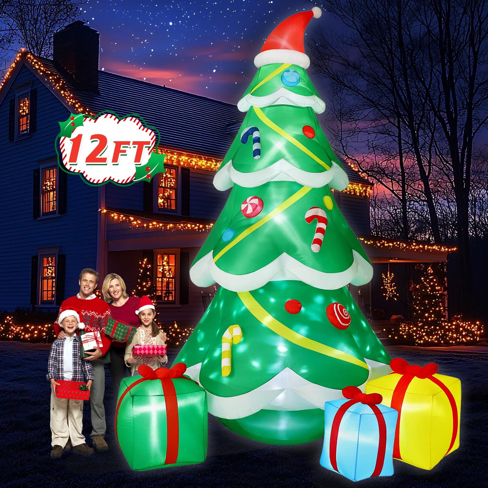 Photo 1 of 12FT Giant Christmas Inflatables Outdoor Decorations - Large Blow Up Christmas Tree with Gift Boxes - Rotating LED Lights Inflatable Xmas Decor for Yard Lawn Garden Holiday Party