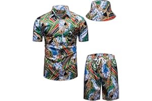 fohemr Mens Luxury Outfit Set Black Gold Shirts and Shorts 2 Piece Tracksuit Set Baroque Button Down Suit with Bucket Hats