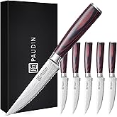 PAUDIN Steak Knives Set of 6, Kitchen Steak Knife 4.5 Inch, High Carbon Stainless Steel Steak Knives, Serrated Steak Knife with Pakkawood Handle, Dinner Knives with Gift Box