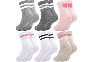 Jspupifip 6 Pairs of Kids Athletic Socks, Hearts Athletic Socks Crew Athletic Socks for Kids, Stripes Combed Cotton Socks with High Ribbed Top Cuffs, Kids Girls and Boys to Little Kids 8-10 Years Old