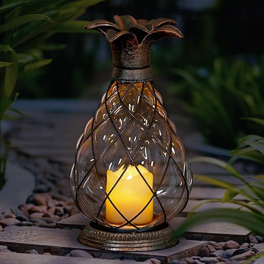 Exhart Pineapple Cast Iron Lantern Battery Powered 12 LED Firefly Lantern Outdoor