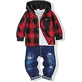 Renotemy 3PCS Toddler Boy Clothes Winter Fall Outfits Flannel Plaid Hoodie Sweatshirt White T-Shirt Jeans Sets for 2-7Y Boys